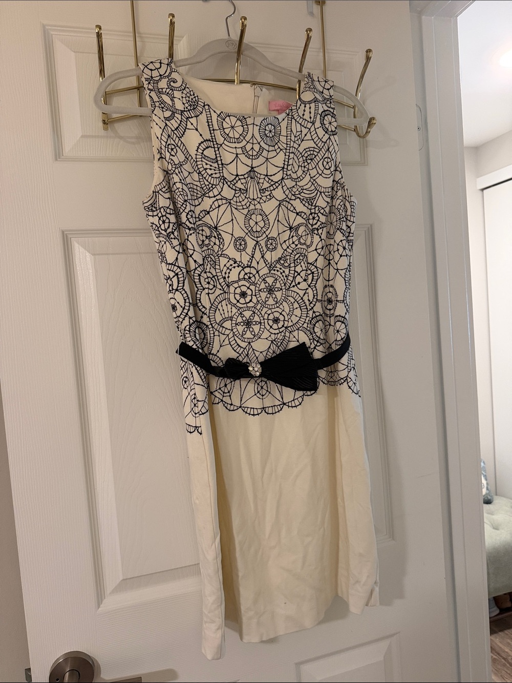 Lilly Pulitzer Cream Dress with Black Lace-Style Print and Black Bow